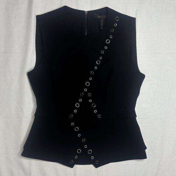 BCBGMaxAzria Stelloun Grommet Sleeveless Peplum Tank Top Black Silver Women NWT - Picture 4 of 5